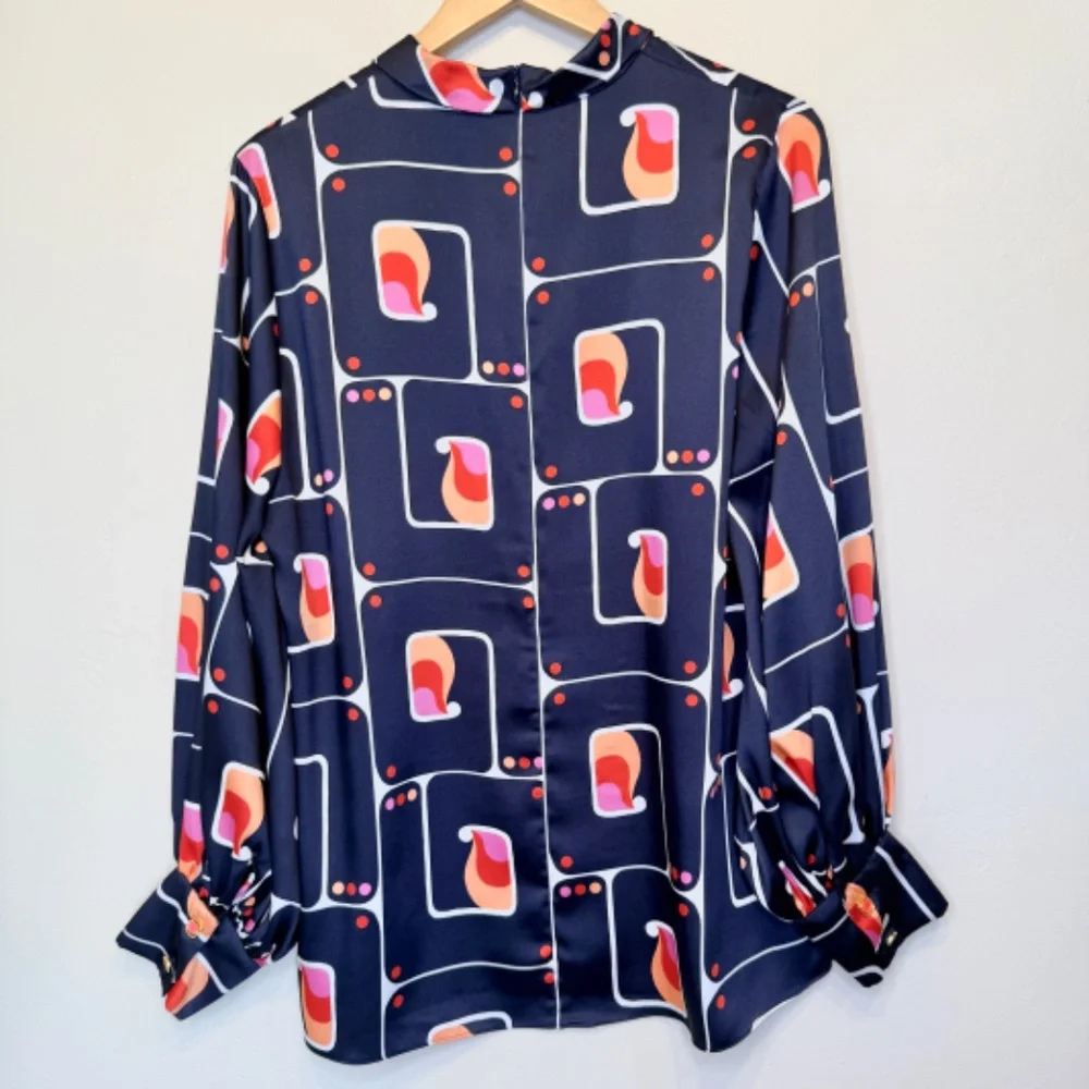Zara | Retro Geo High Collar Mock Neck Long Sleeve Printed Charmeuse Blouse - Picture 6 of 16